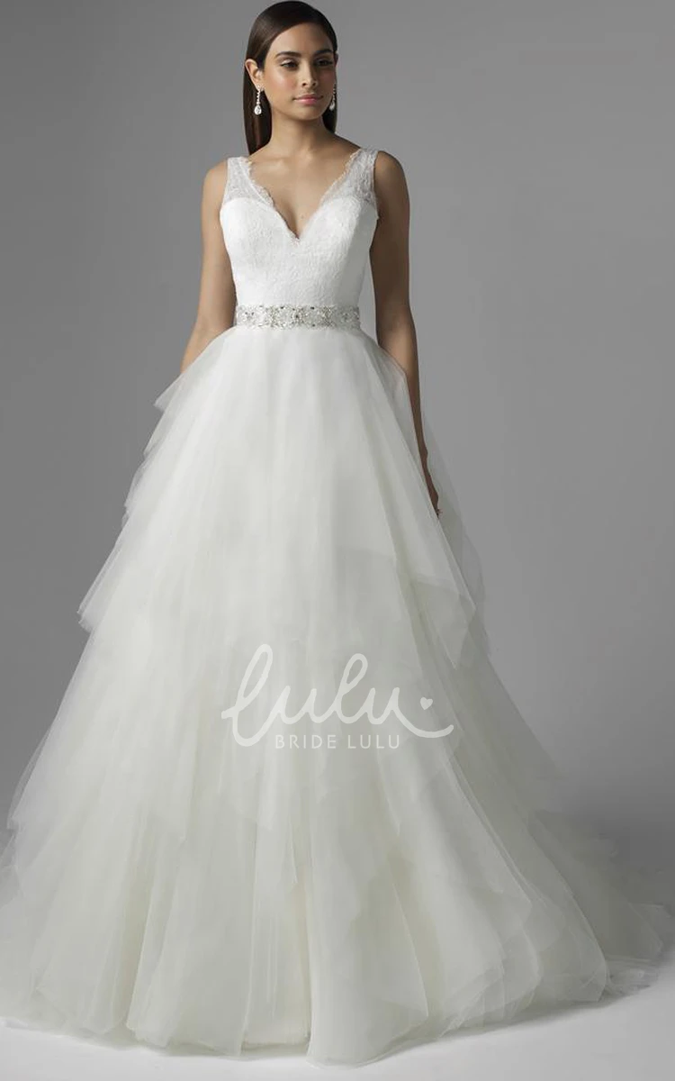 A-Line V-Neck Tulle&Lace Wedding Dress Cascading-Ruffle Sleeveless Bridal Gown with Waist Jewelry and Deep-V Back