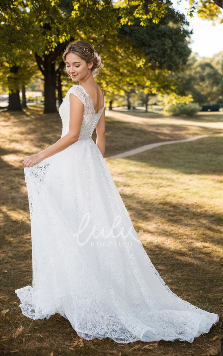 A-Line Modest Lace Wedding Dress Casual Country V-Neck Sleeveless Train Gown