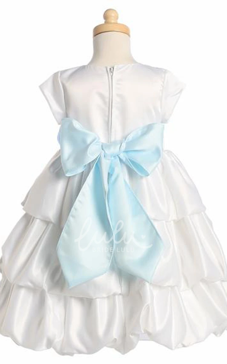 Satin Cap-Sleeve Tiered Tea-Length Flower Girl Dress with Ribbon