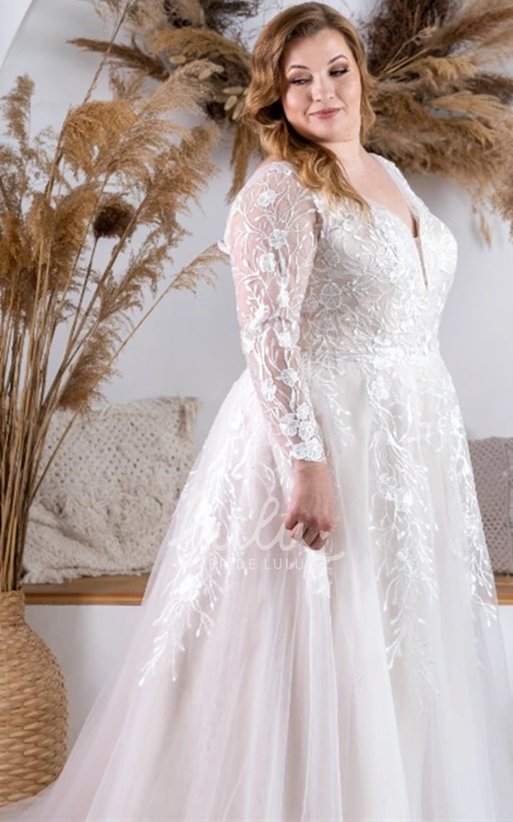 Plunging Neckline Tulle A Line Wedding Dress with Appliques Elegant