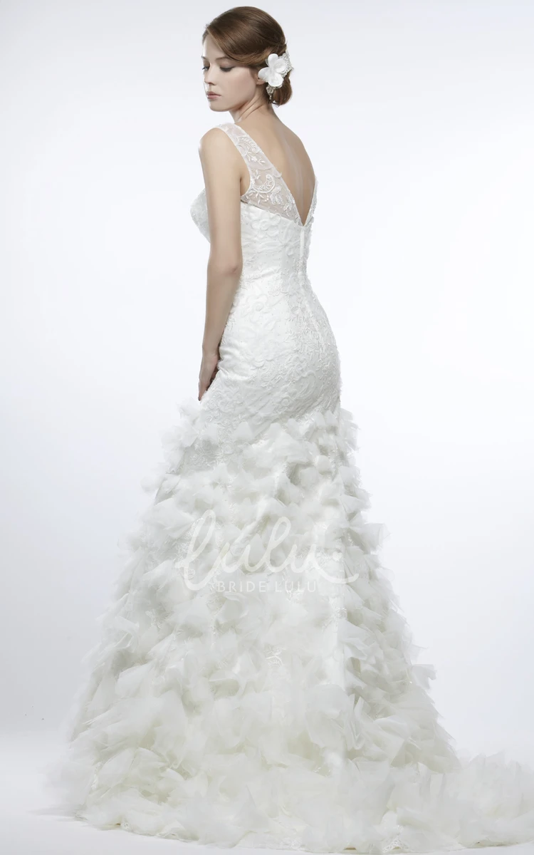 Sleeveless Bateau Ruffled Lace Wedding Dress with Appliques and Waist Jewelry Sheath Style