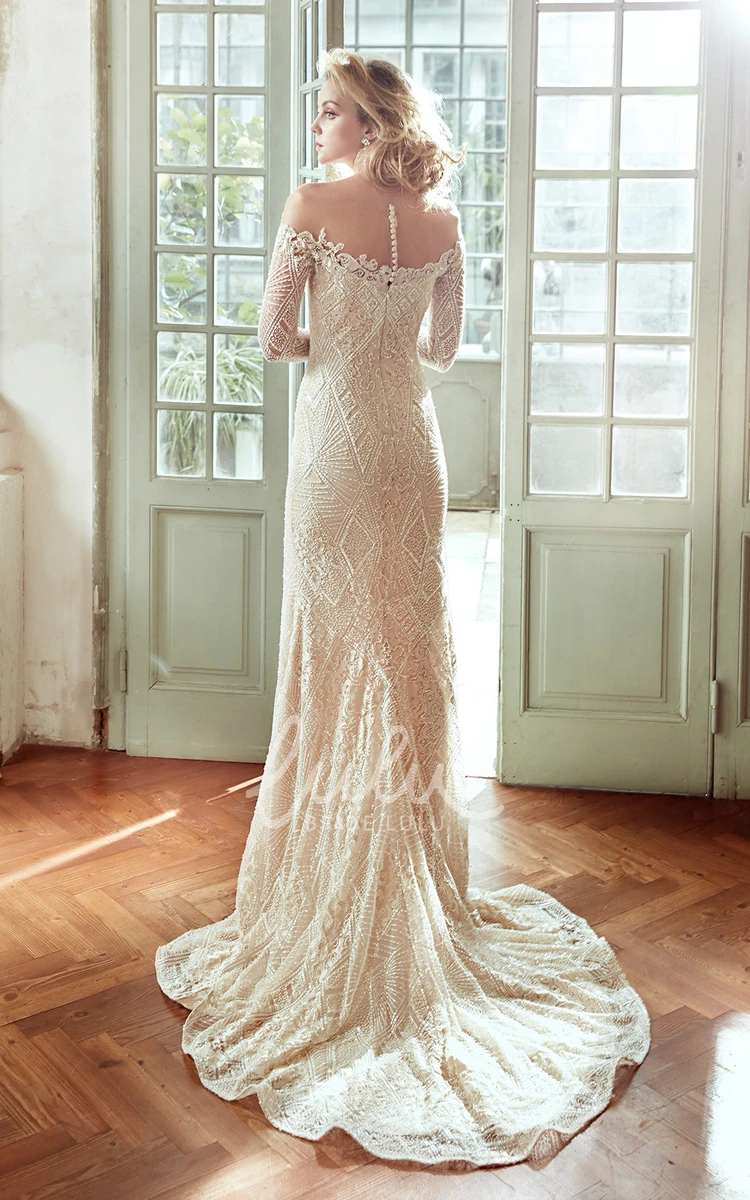 Sheath Lace Wedding Dress with Off-Shoulder Side Split and Long Sleeves Elegant Boho