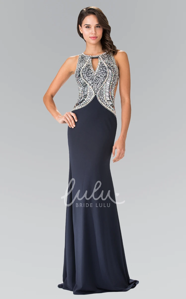 Backless Sleeveless Jewel-Neck Formal Dress with Beading and Sequins in Jersey Fabric