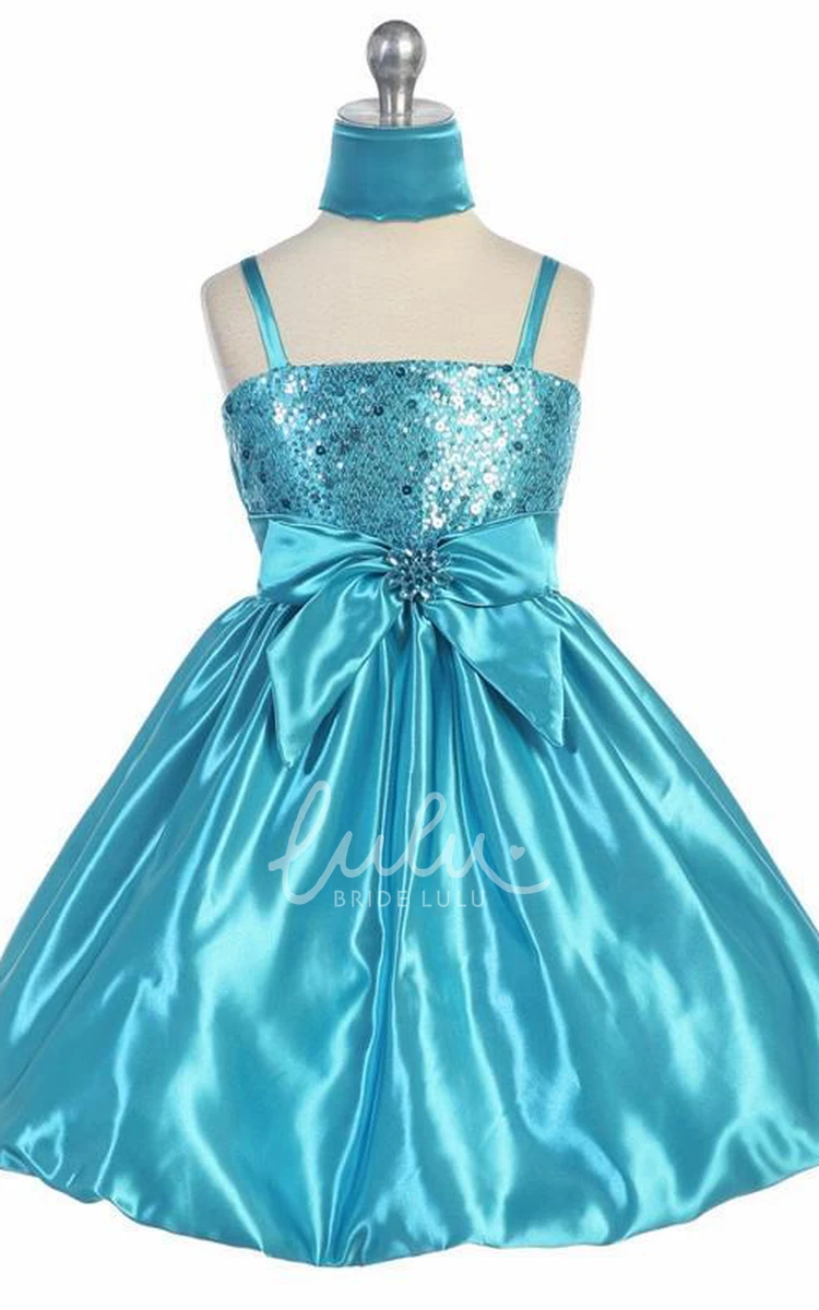 Cap-Sleeve Sequin and Satin Flower Girl Dress with Bow and Cape Knee-Length Chic