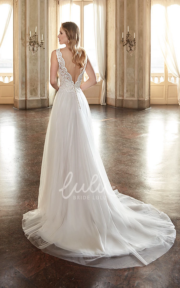 Sleeveless Lace and Tulle Wedding Dress A-Line V-Neck Floor-Length