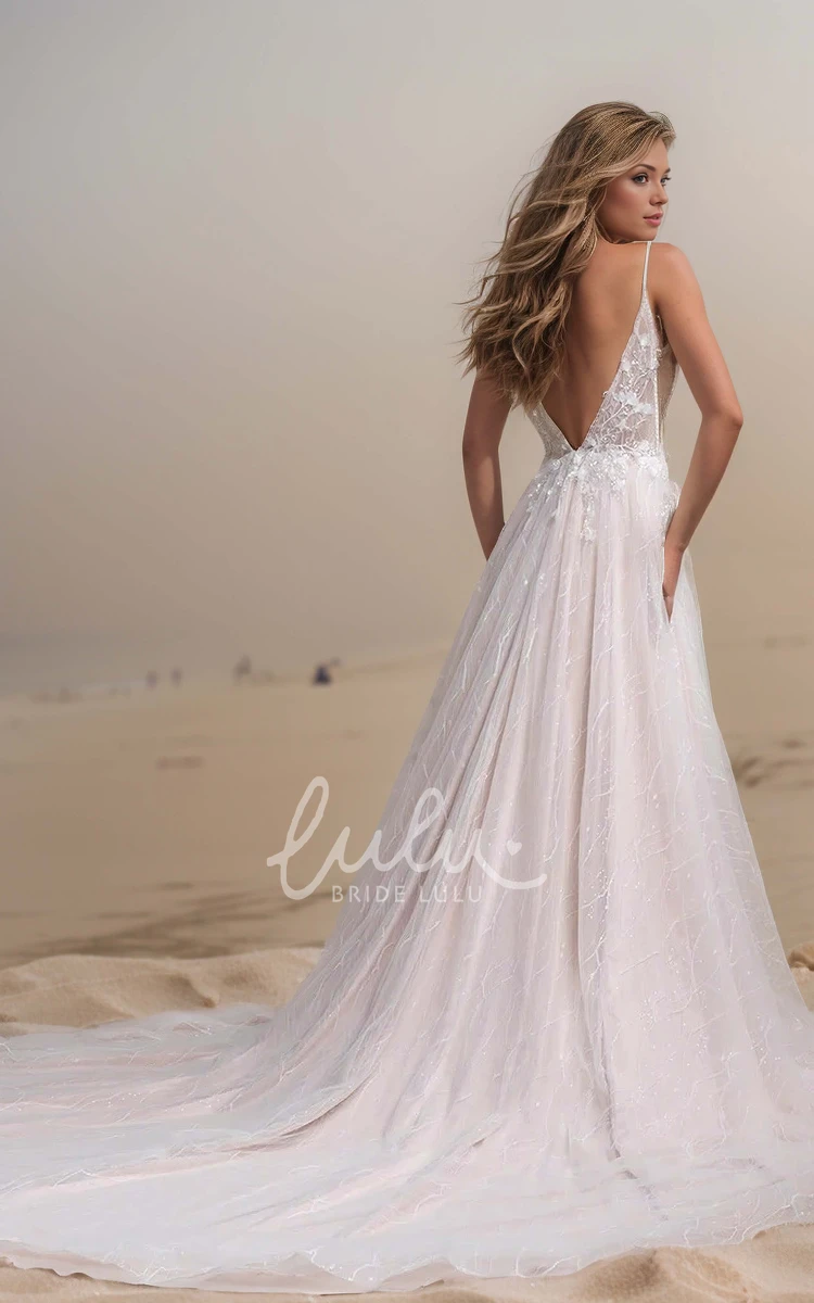 Princess Beach A-Line Boho Wedding Dress Sparkly Sexy Sequins Straps Plunging Neckline Appliqued Tulle Bridal Gown with Train