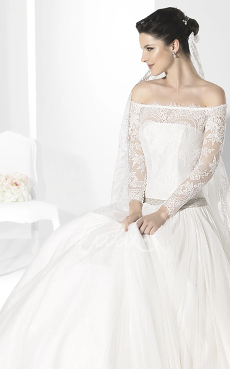 Chiffon Off-The-Shoulder Long-Sleeve Wedding Dress with Jeweled Lace and Illusion Classy Bridal Gown