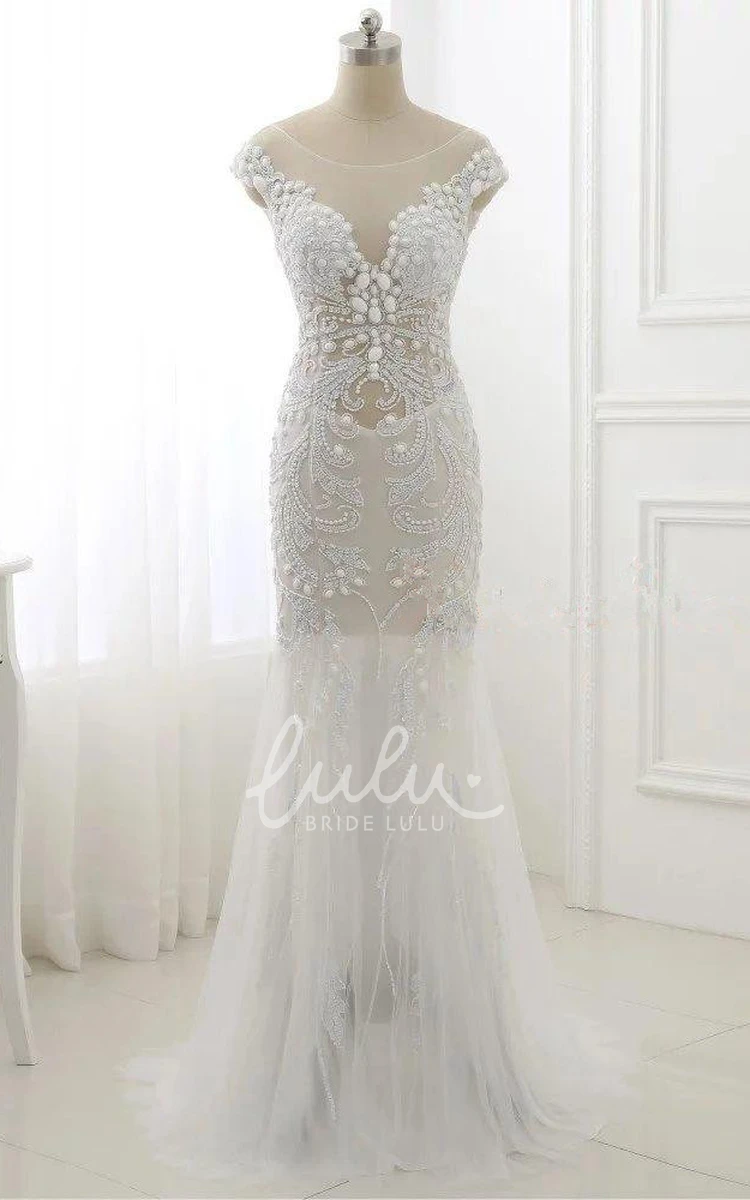 Tulle Cap Sleeve Prom Dress with Sequins and Beading