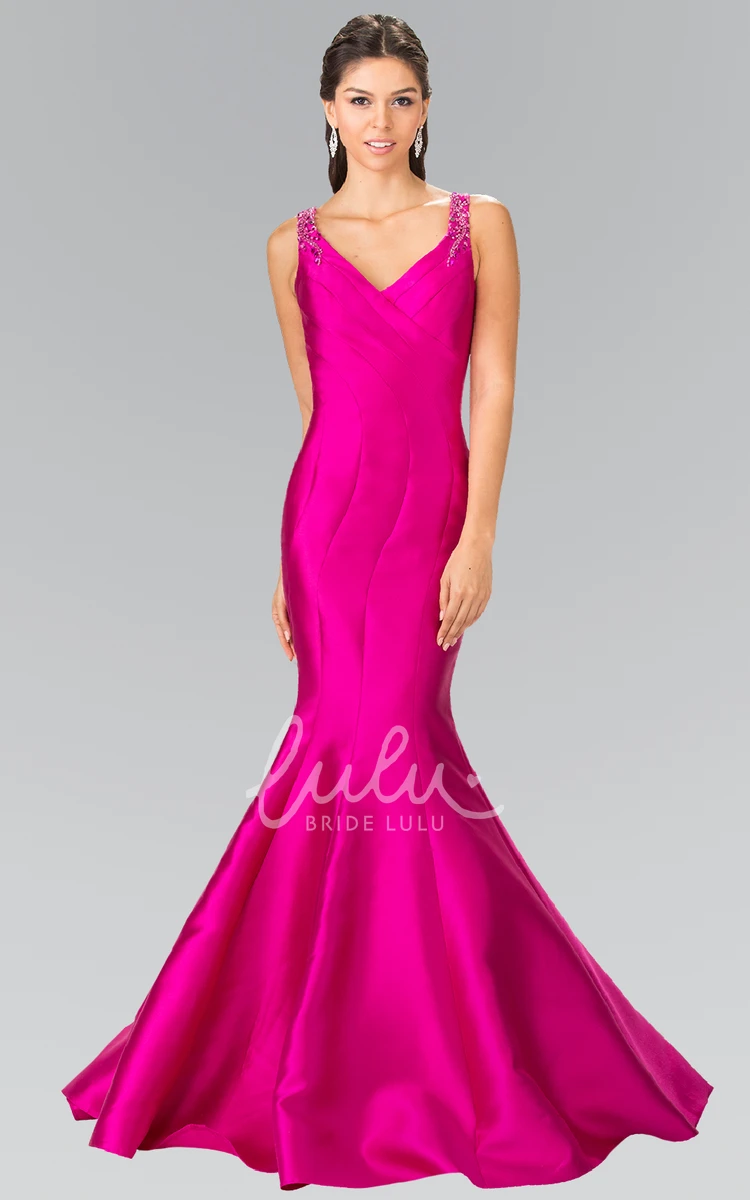 V-Neck Satin Mermaid Dress with Beading and Illusion