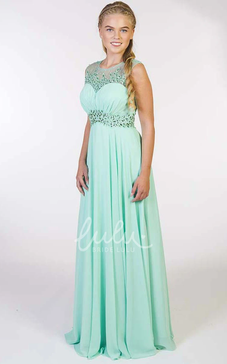 Crystal A-Line Chiffon Prom Dress with Pleats Sleeveless Long Scoop-Neck