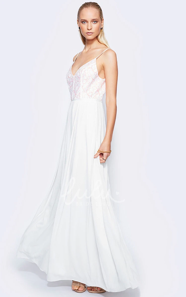 V-Back Spaghetti Lace Chiffon Wedding Dress in Ankle-Length