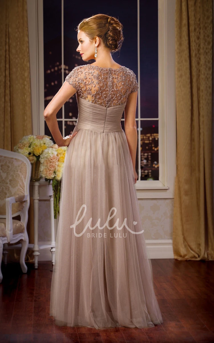 Elegant Cap-Sleeved Tulle Mother Of The Bride Dress with Beadings and Pleats