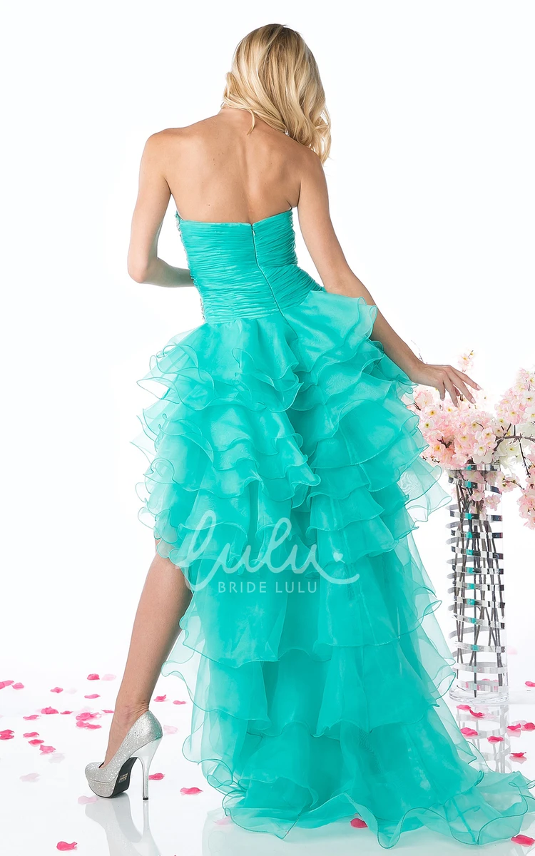 Organza High-Low Strapless Formal Dress with Beading and Tiers