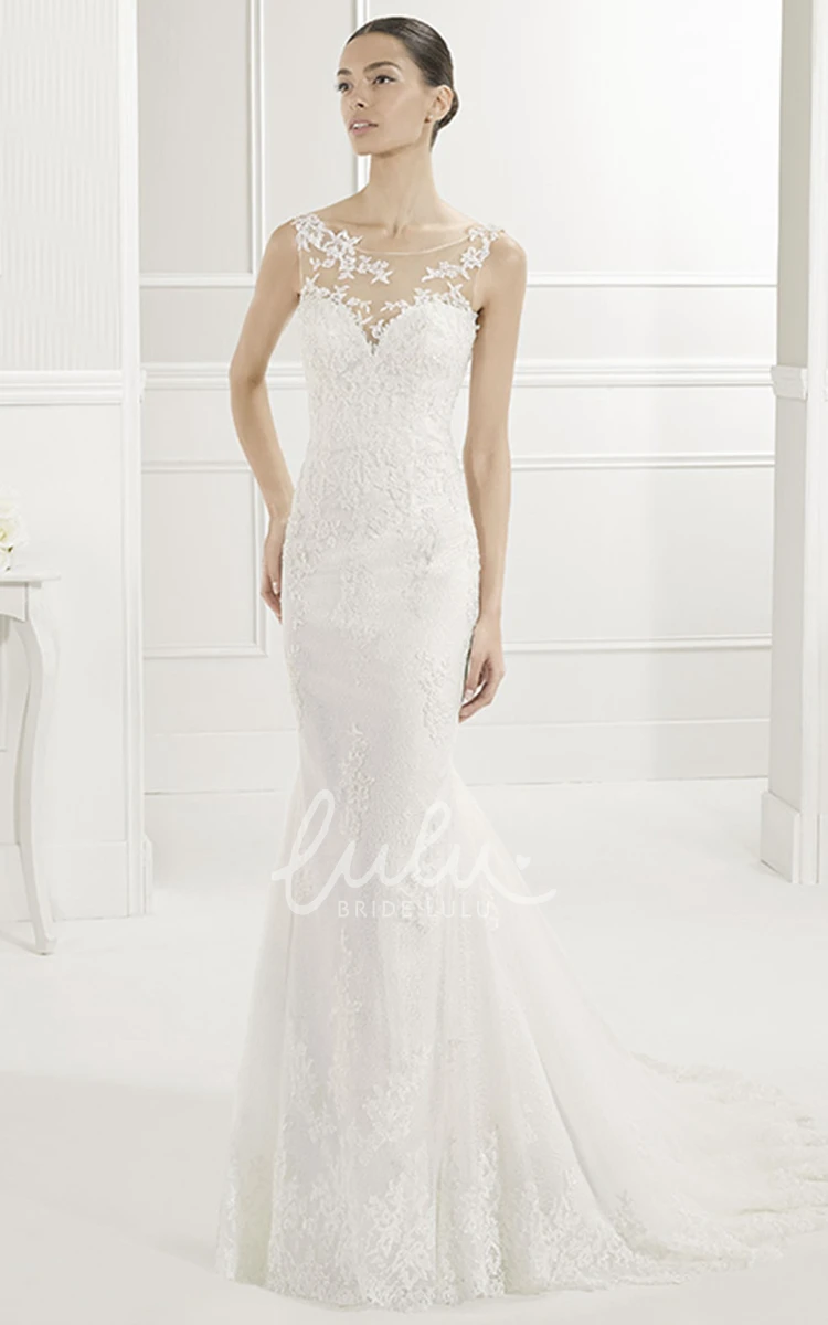 Sheath Lace Wedding Dress with Scoop Neck and Appliqued Illusion Back