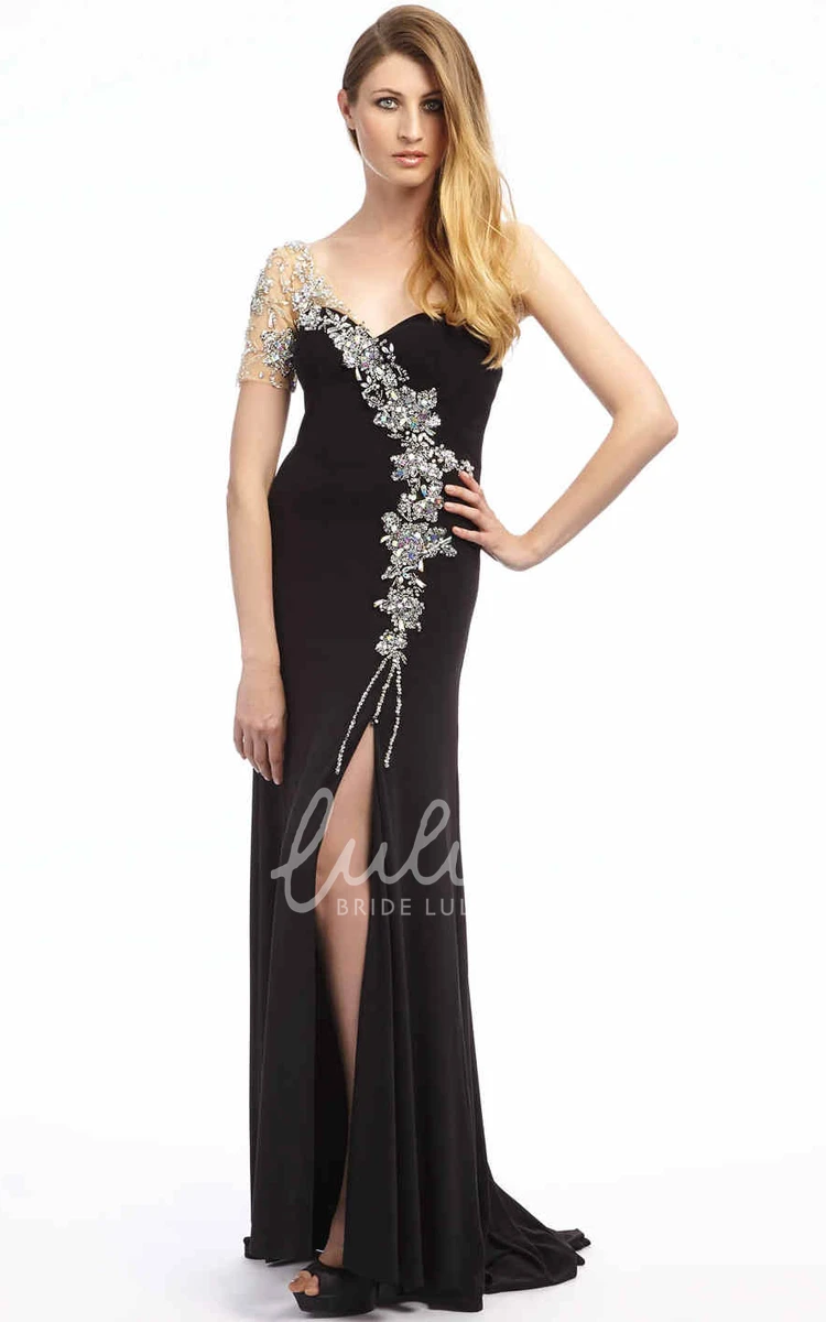 Beaded One-Shoulder Chiffon Prom Dress with Split Front Sheath Floor-Length