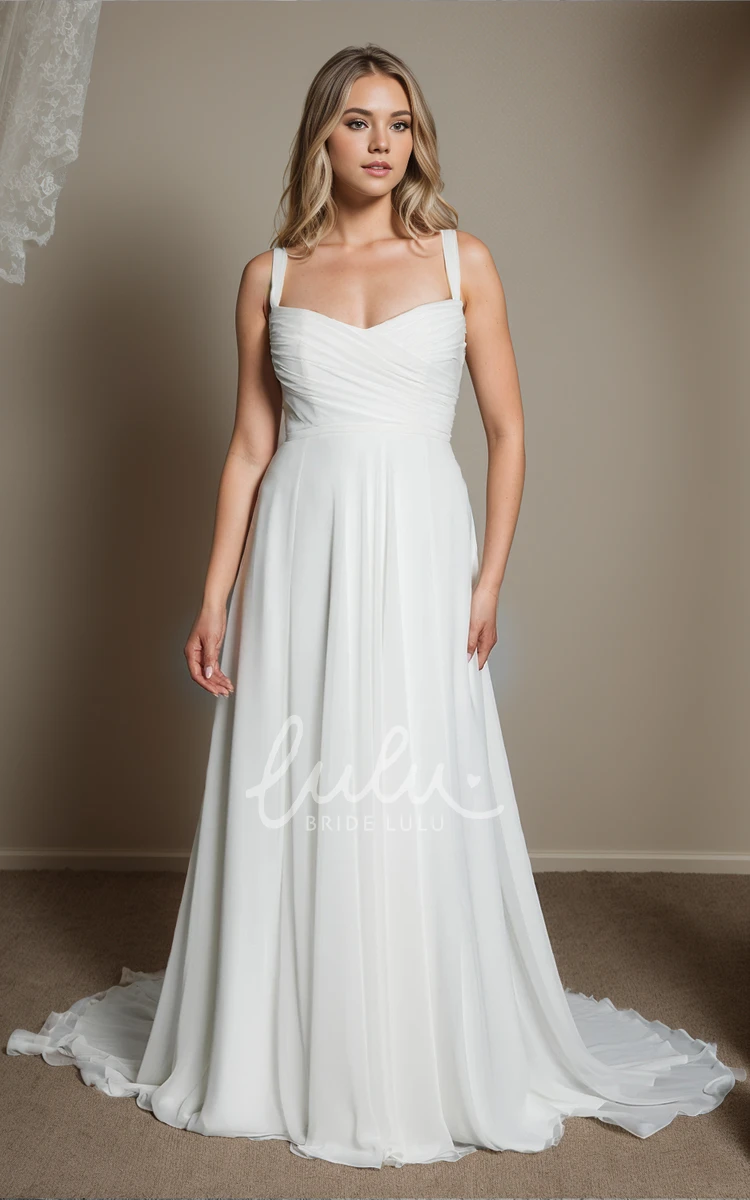 Elegant Sexy Chiffon A-Line Straps Sleeveless Ruching Sweetheart Neckline Wedding Dress Simple Solid Beach Floor-length Court Train Backless Button Zipper Back Bridal Gown