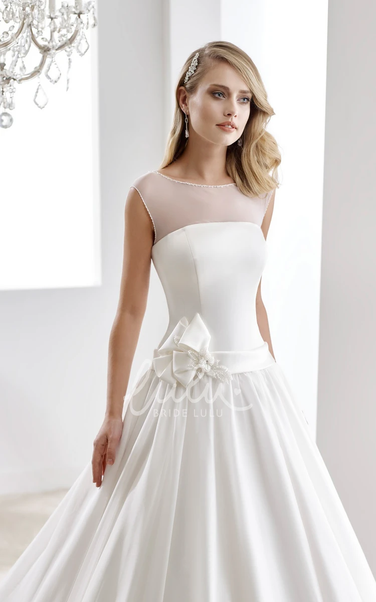 Illusion A-line Dress with Flowers on One Side of Waist Cap Sleeve Unique Prom Dress