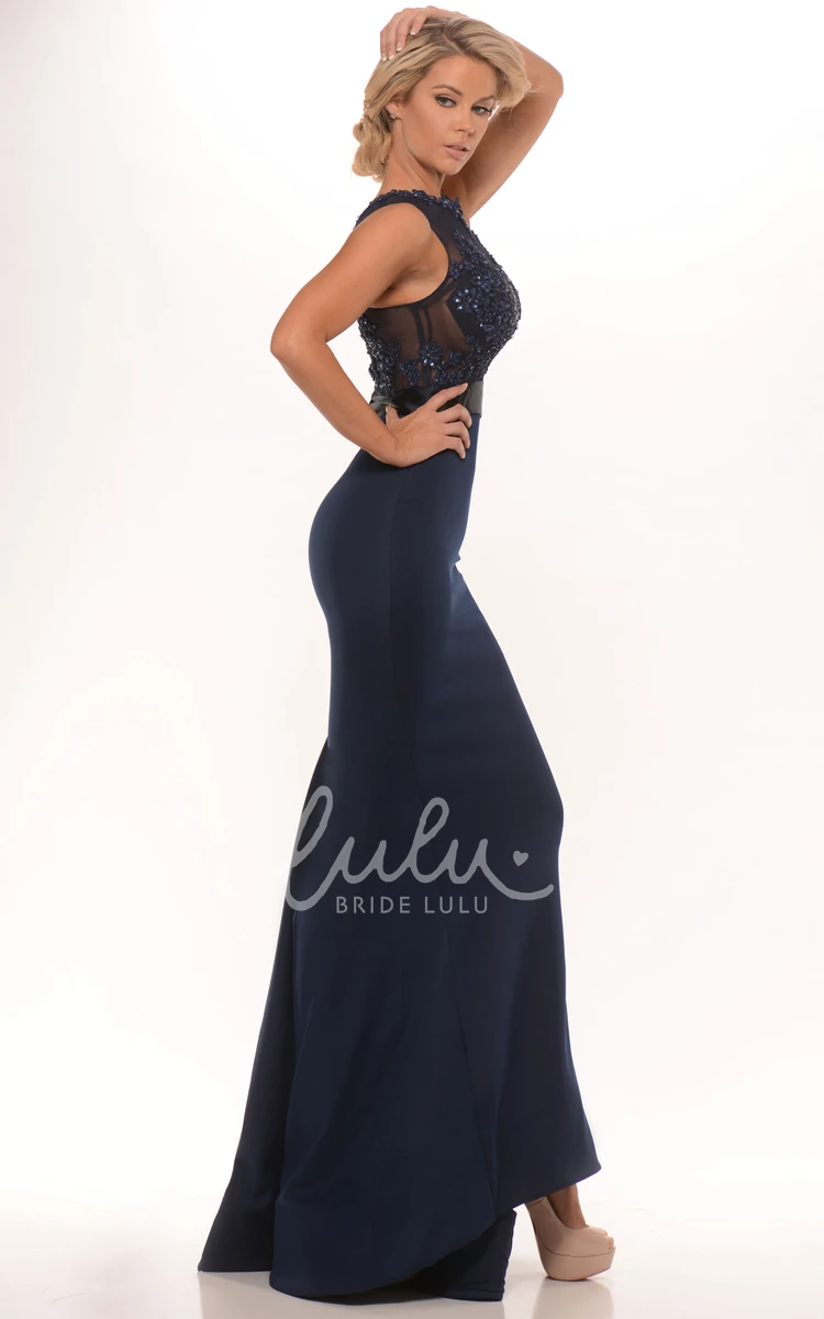 High Neck Sleeveless Satin Mermaid Prom Dress Appliqued Classy