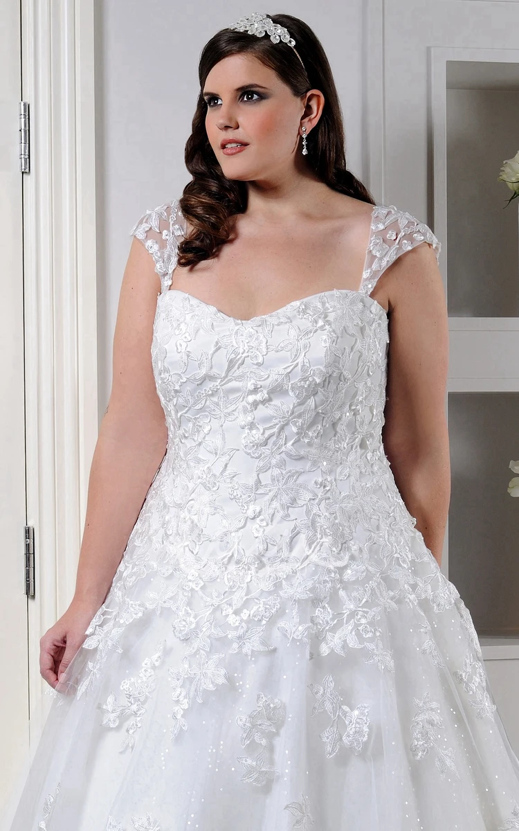 Lace Caped-Sleeve A-Line Wedding Dress with Tulle and Corset Back