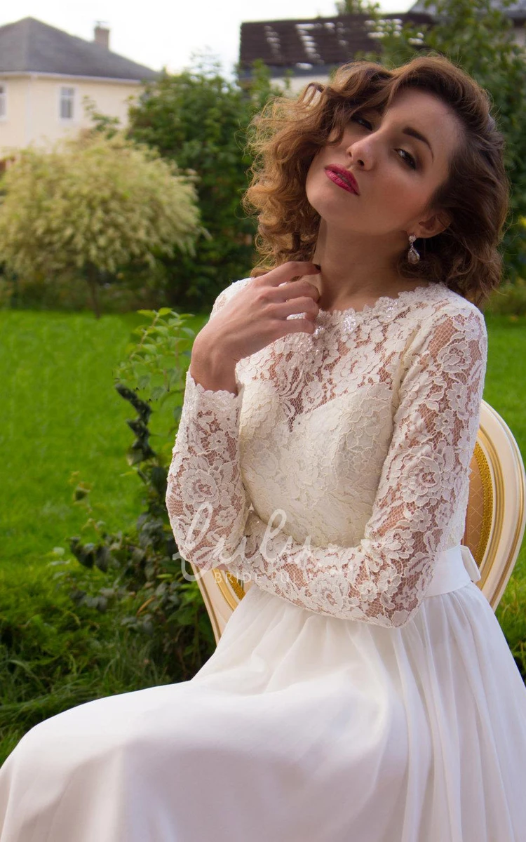 Chiffon Lace Satin Long Sleeve Wedding Dress with Plunging Neckline