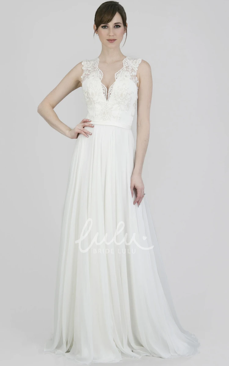 V-Neck Pleated Chiffon Wedding Dress with Court Train Illusion & Elegant