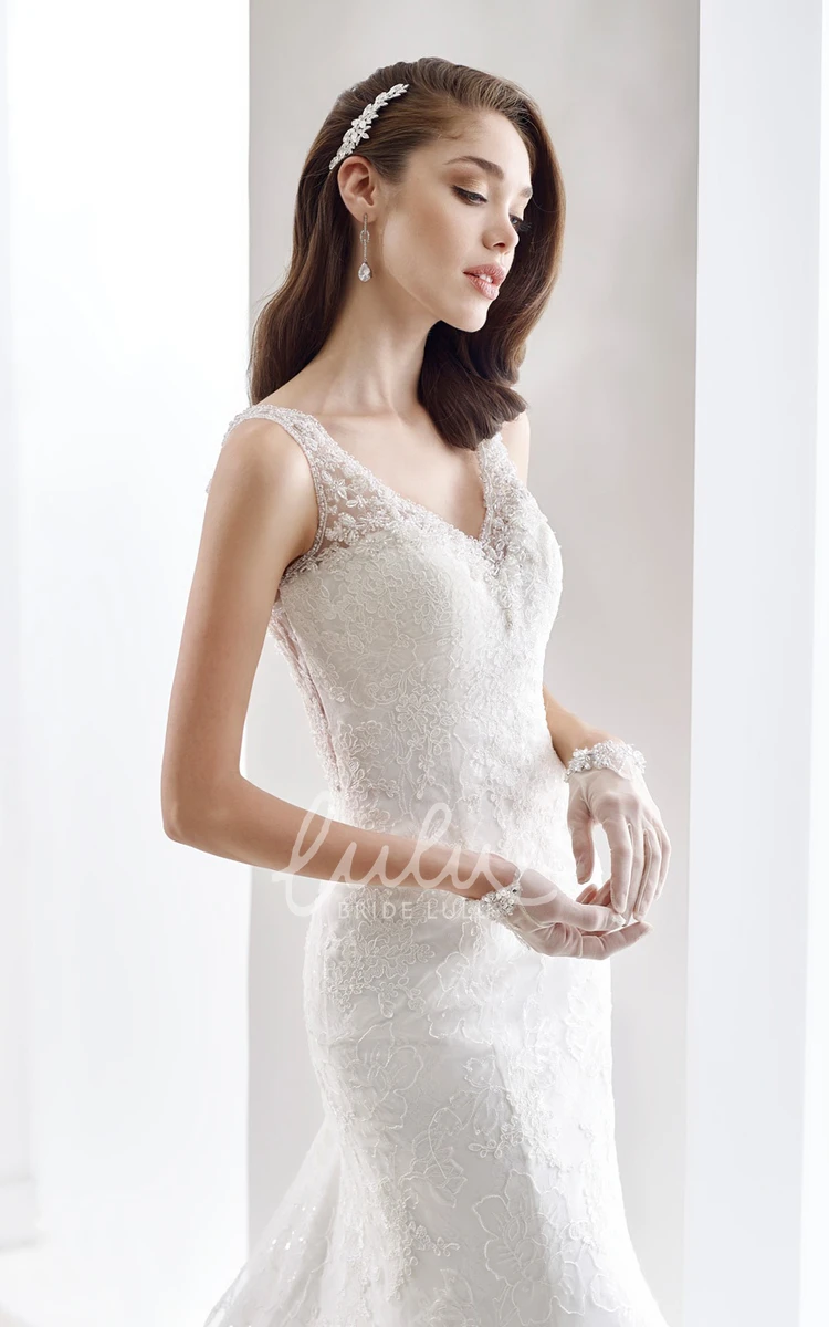 Illusive Lace Straps V-neck Cap Sleeve Sheath Wedding Dress