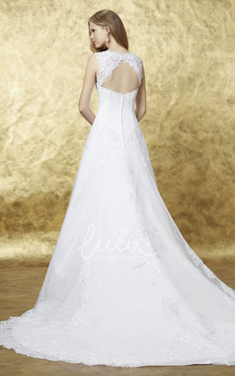 Lace A-Line Wedding Dress with Keyhole Back and Court Train Sleeveless Scoop Neck