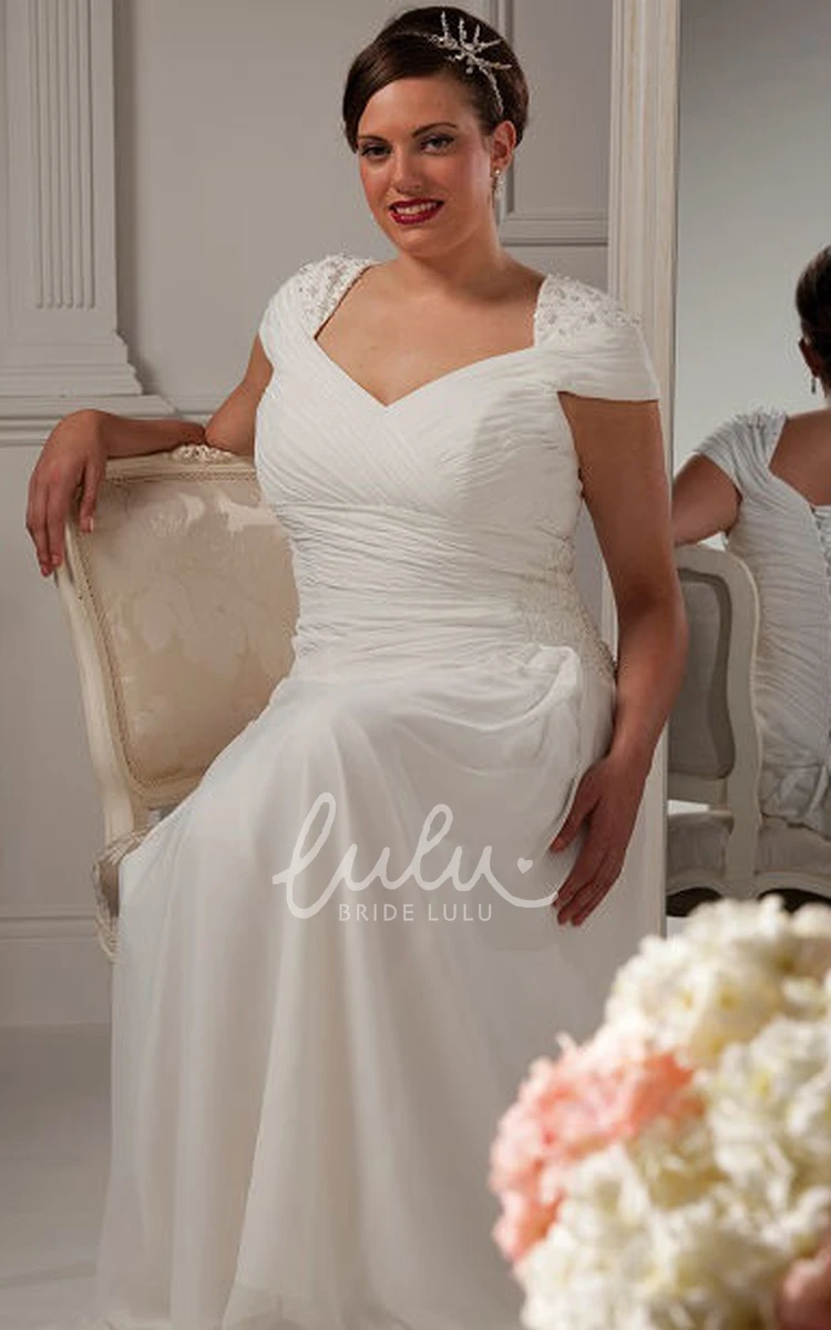 V Neck Cap Sleeve Bridal Gown with Pleated Skirt and Waist Flower Wedding Dress