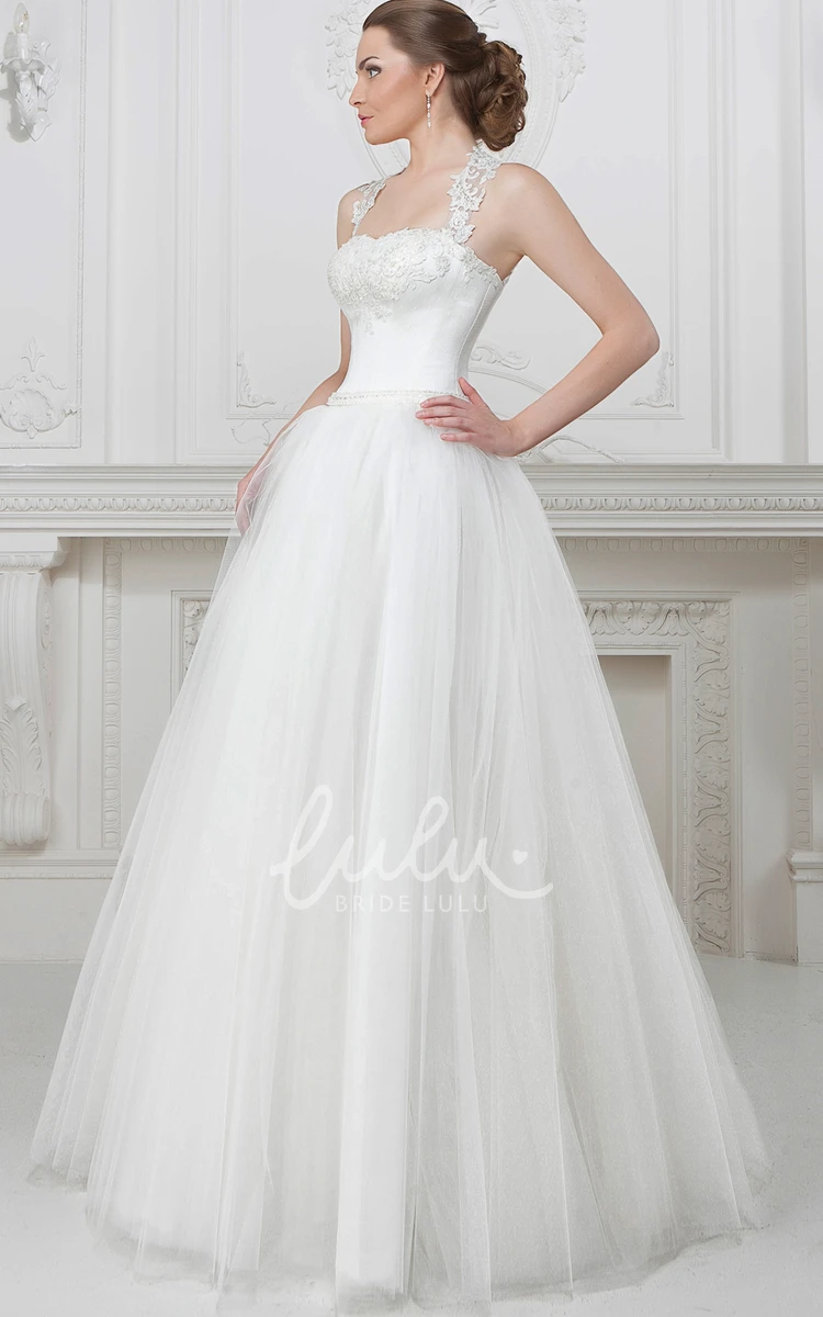 Strapped Tulle Wedding Dress with A-Line Silhouette and Floor-Length Hem Romantic Wedding Dress