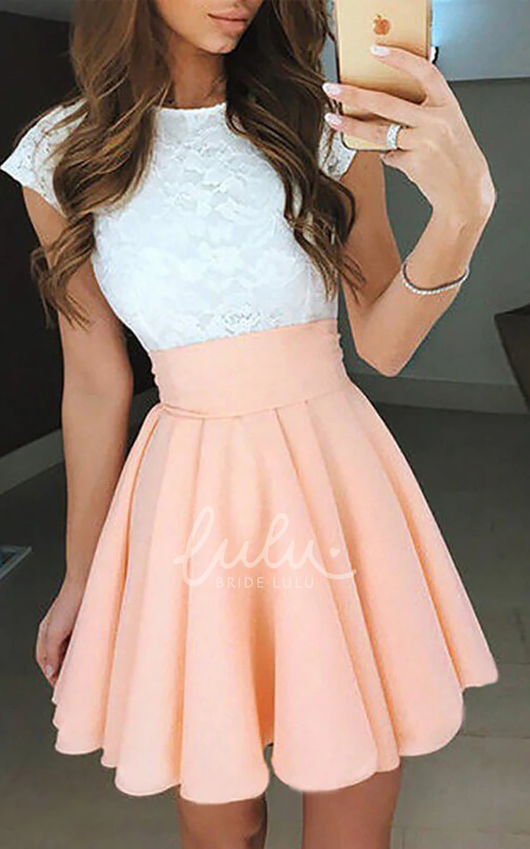 Bateau Pleated Chiffon Lace A-line Mini Short Sleeve Homecoming Dress Casual