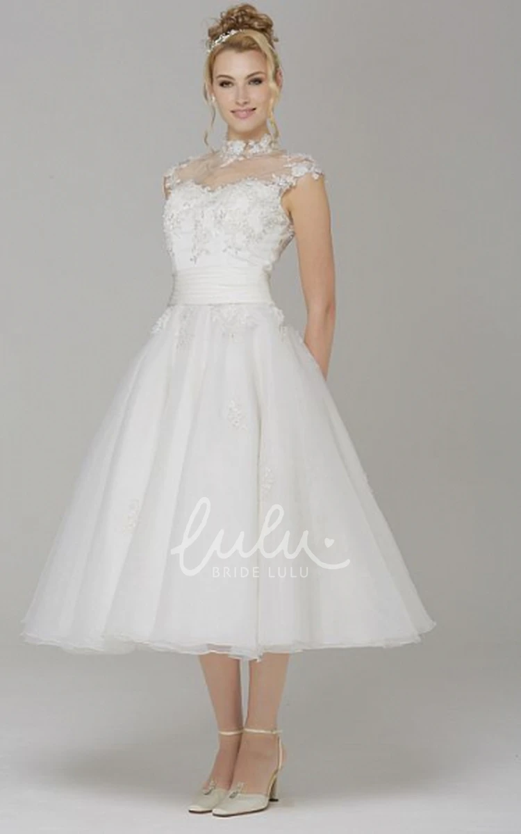 High Neck Cap-Sleeve Tea-Length Tulle Wedding Dress With Appliques A-Line Tea-Length Tulle Wedding Dress with Appliques and High Neck