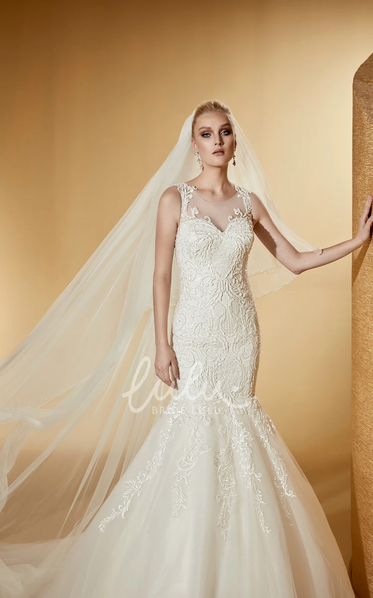 Jewel-Neck Mermaid Bridal Dress with Cap Sleeves and Illusive Design