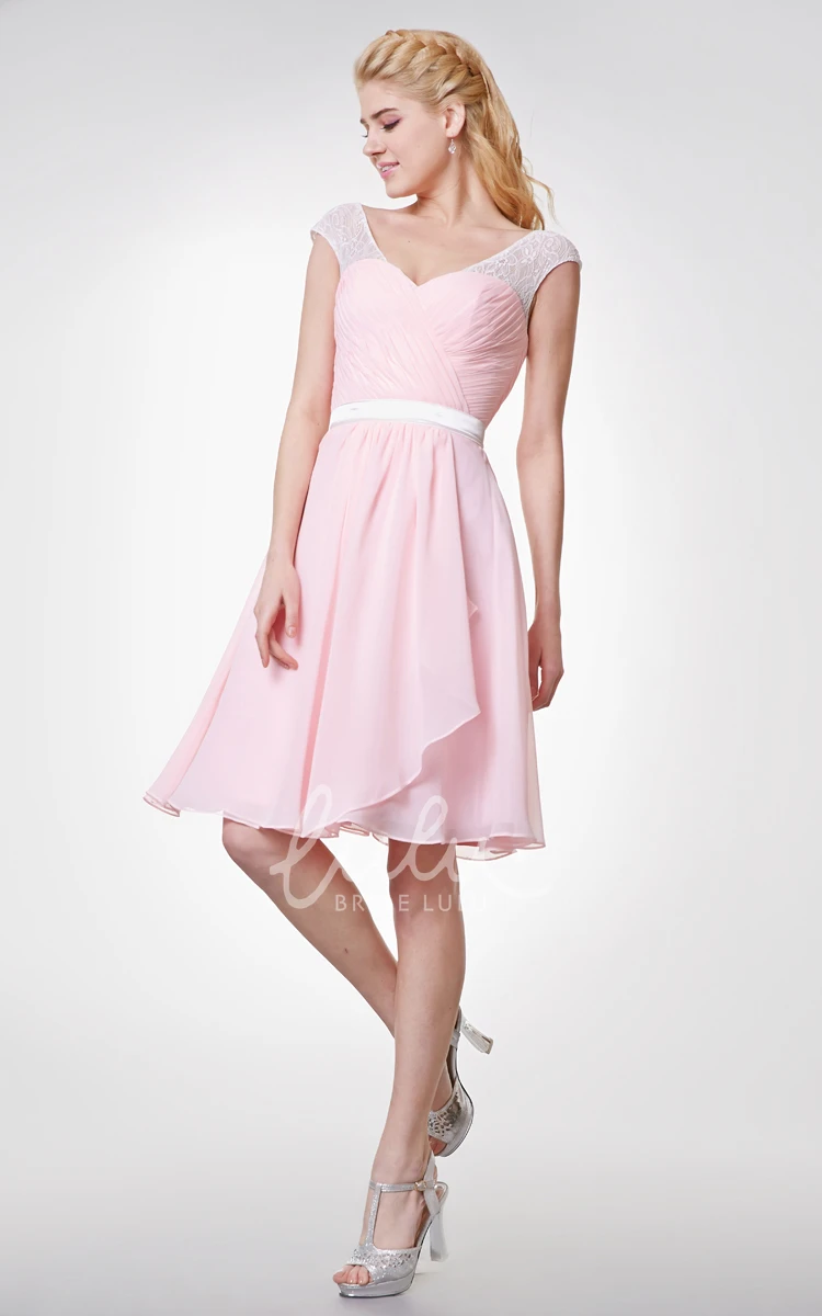 Knee Length Lace Chiffon A-line Dress Cap-sleeved and Sweet