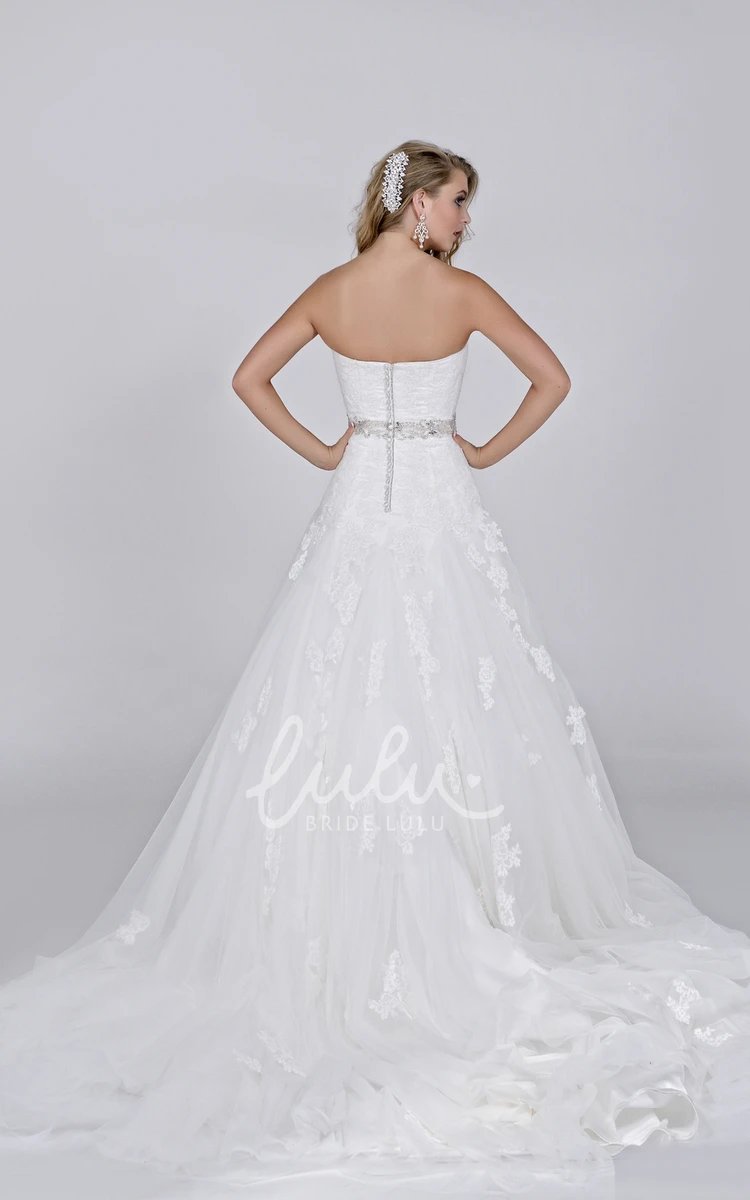 A-Line Strapless Lace Wedding Dress with Jeweled Waist Romantic Bridal Gown