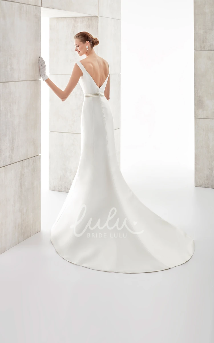 Low V-Back Satin Wedding Dress with Sweetheart Neckline and Beaded Belt