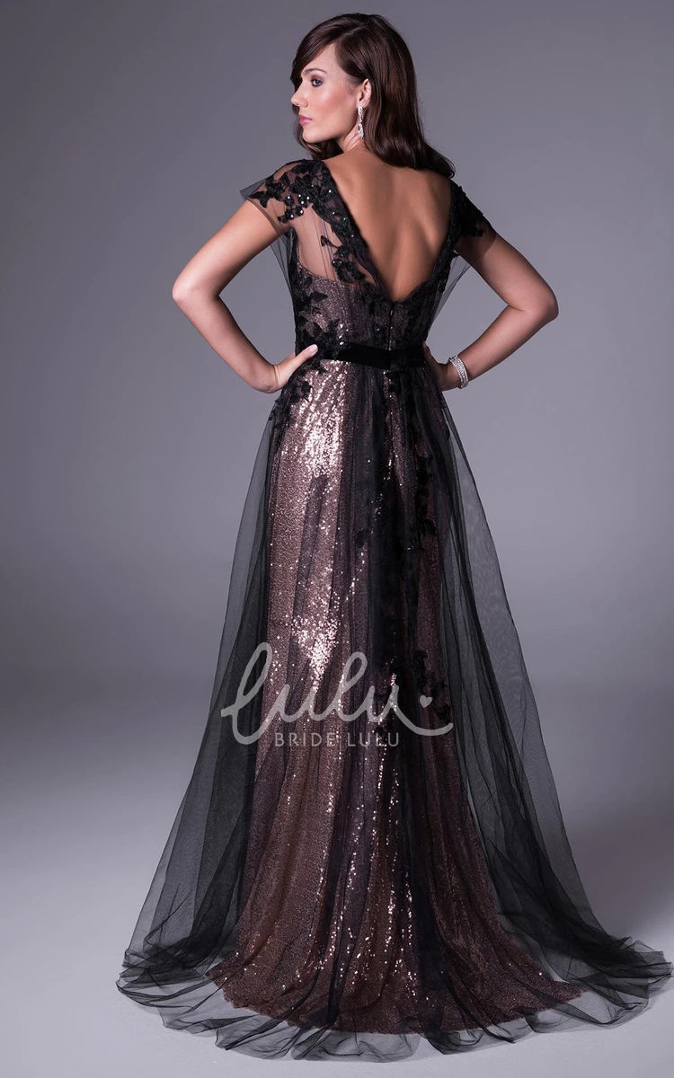 Short-Sleeve Sequin Applique Prom Dress with V-Back Elegant Maxi Style