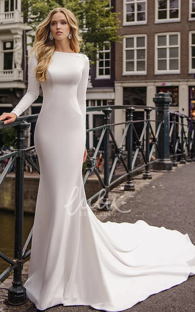 Modern Beaded Satin Mermaid Wedding Dress with Bateau Neckline and Court Train