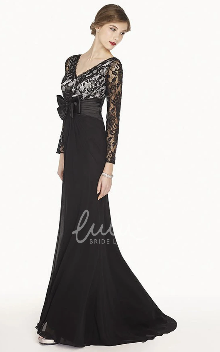Lace Scalloped V-Neck Long Prom Dress Waist Bow Floor-Length