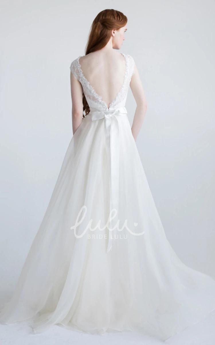 Split-Front Tulle Wedding Dress With Appliques And Bow Cap-Sleeve A-Line Bateau-Neck