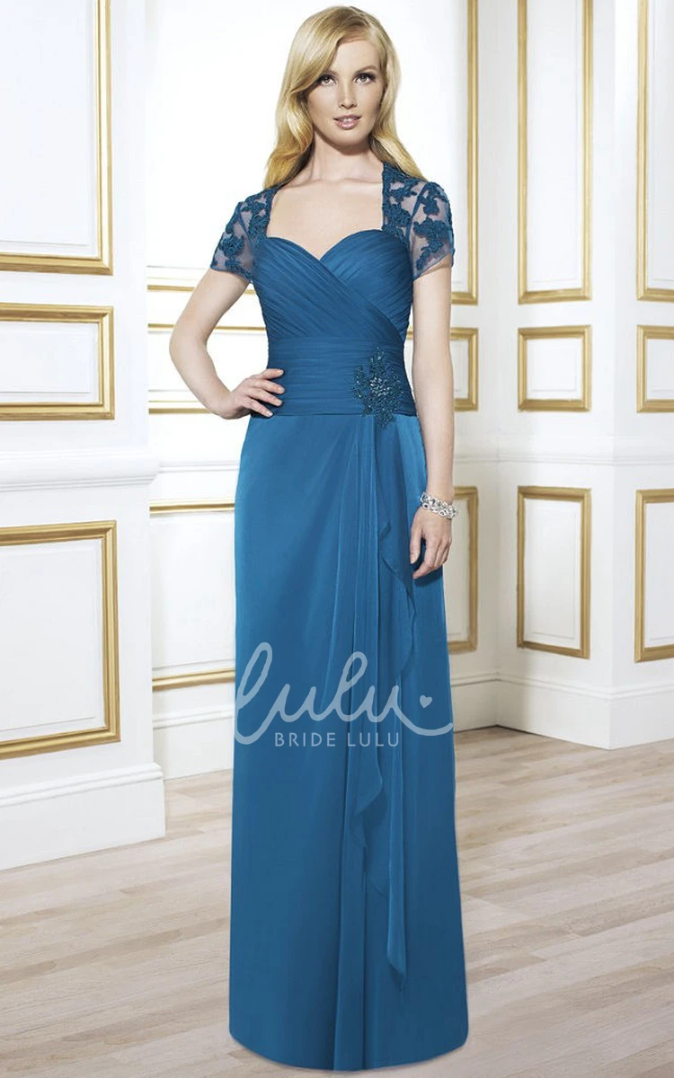 Sweetheart Short-Sleeve Maxi Chiffon Formal Dress with Criss-Cross and Appliques