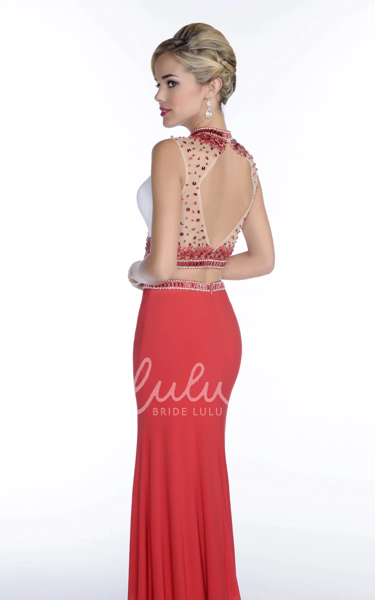 Rhinestone Embroidered Sheath Prom Dress Sleeveless Side Slit Jersey Fabric