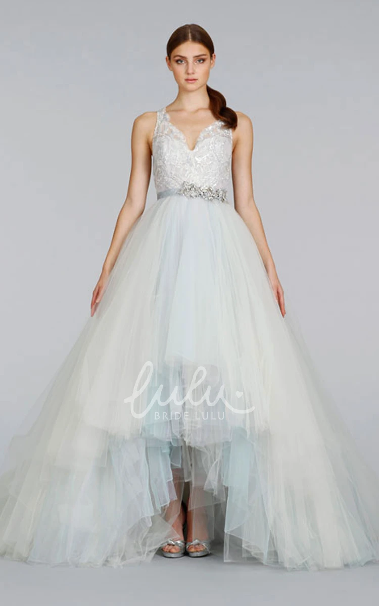 High-low Tiered Tulle Ball Gown with Crystal Belt Unique Wedding Dress