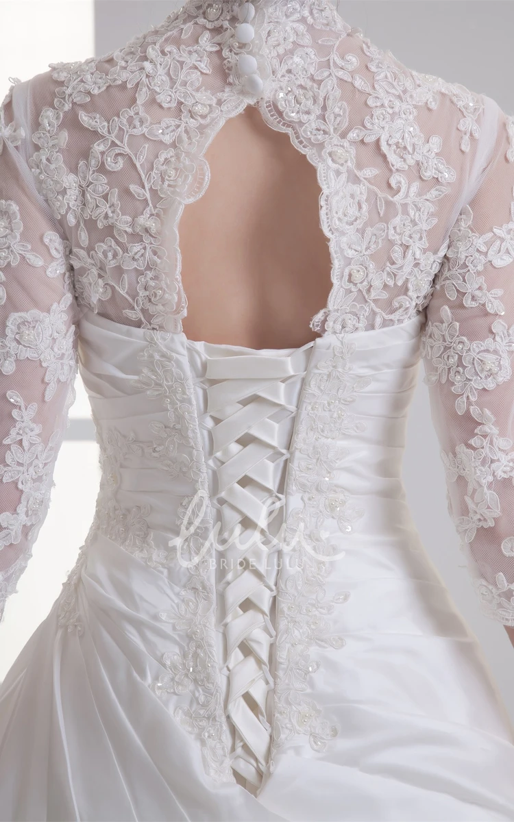 Lace A-line Wedding Gown with Appliques Scalloped-Neck 3/4 Sleeves Bridal Dress