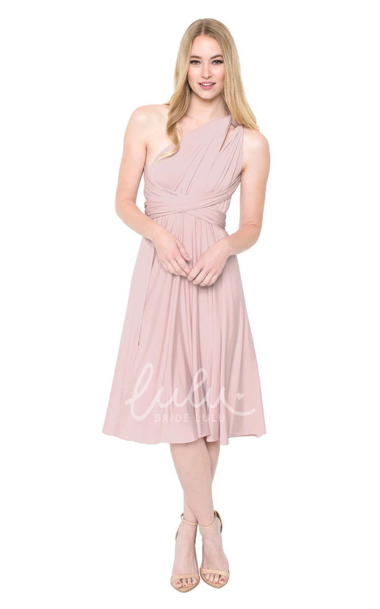 One-Shoulder Ruched Chiffon Bridesmaid Dress Tea-Length Sleeveless Convertible Multi-Color