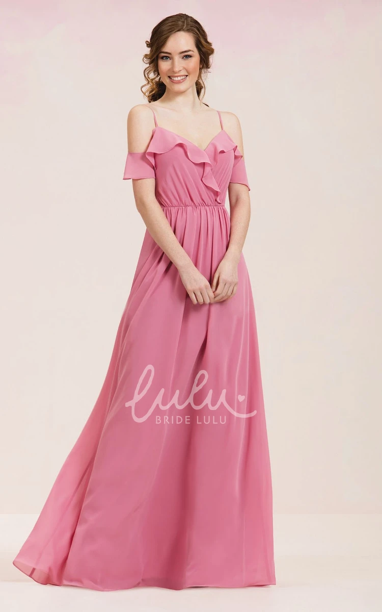 V-Neck A-Line Long Bridesmaid Dress with Ruffles and Spaghetti Straps Spaghetti Straps Ruffled A-Line Bridesmaid Dress