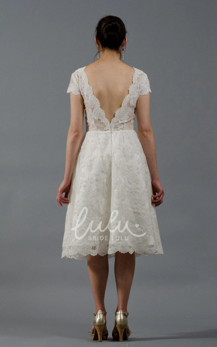 Knee-Length Wedding Dress with Cap Sleeves Alencon Lace and Chic Style