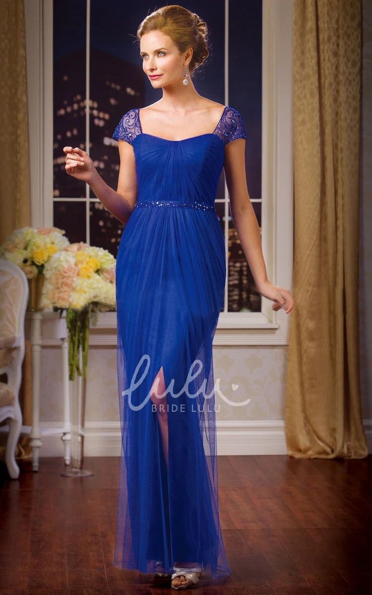 Square-Neck Mother of the Bride Dress with Cap Sleeves Front Slit and Sequins Classy Formal Dress