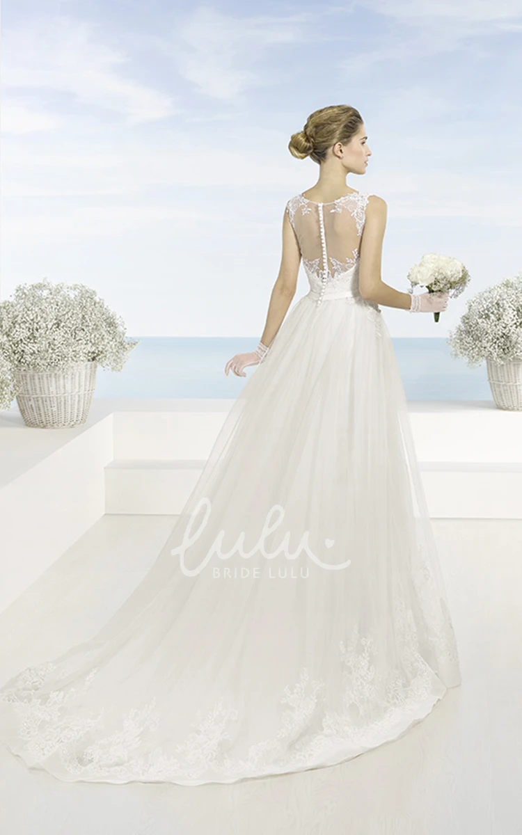 Appliqued Tulle Wedding Dress with Bateau Neckline A-Line