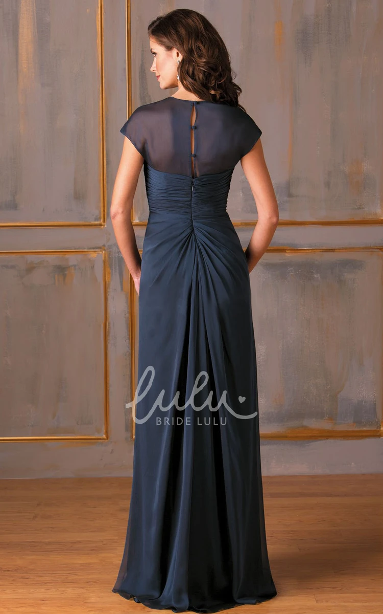 Long Mother Of The Bride Dress with Beadings and Ruches Cap-Sleeved Square-Neck