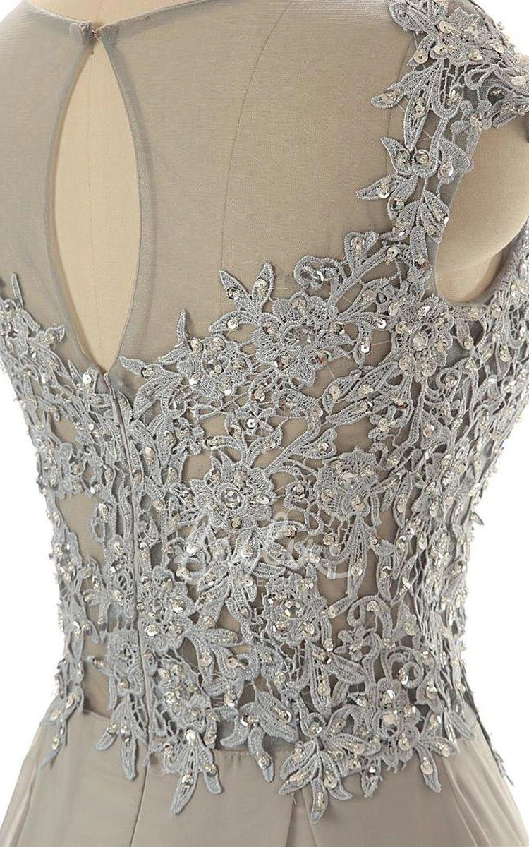 Cap-sleeved A-line Beaded Formal Dress with Flowy Skirt